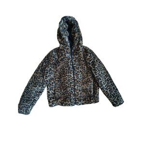 Rachel Zoe Womens Leopard Print Faux Fur Hooded Jacket S